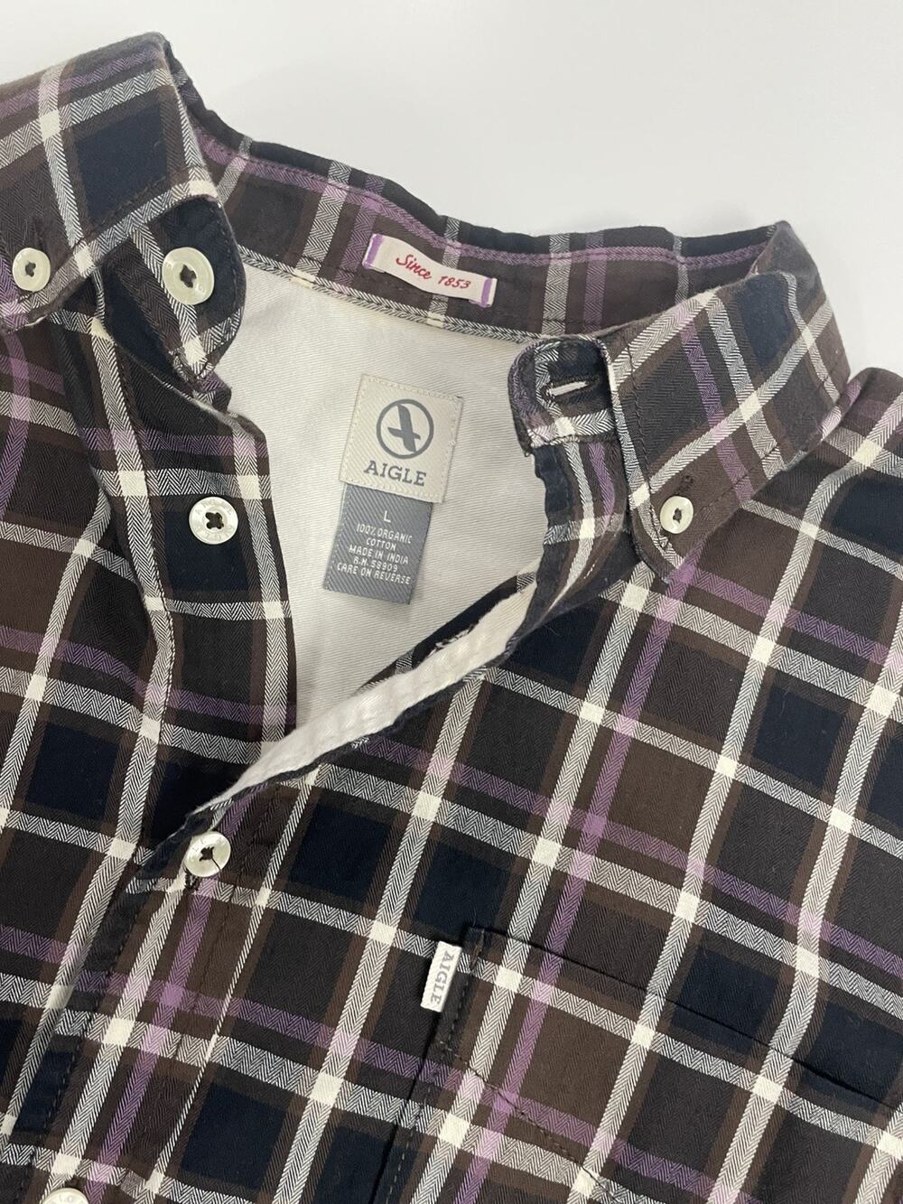 AIGLE Large Shirt Men’s Brown Purple Plaid Button Down Long Sleeve 100% Cotton #